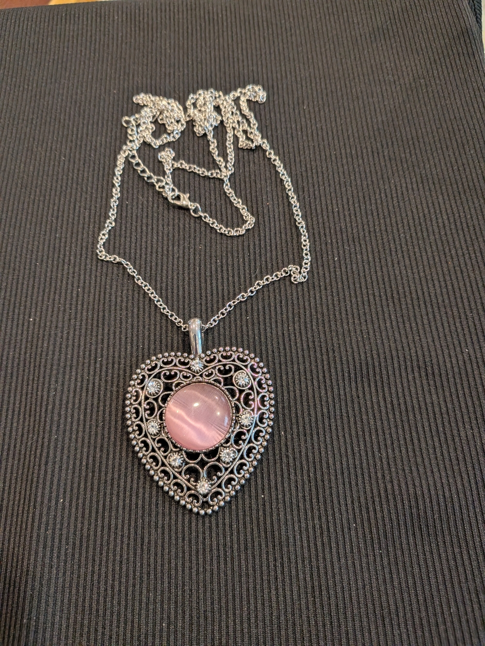Vintage-Style Silver Heart Pendant Necklace 21" with Pink Moonstone